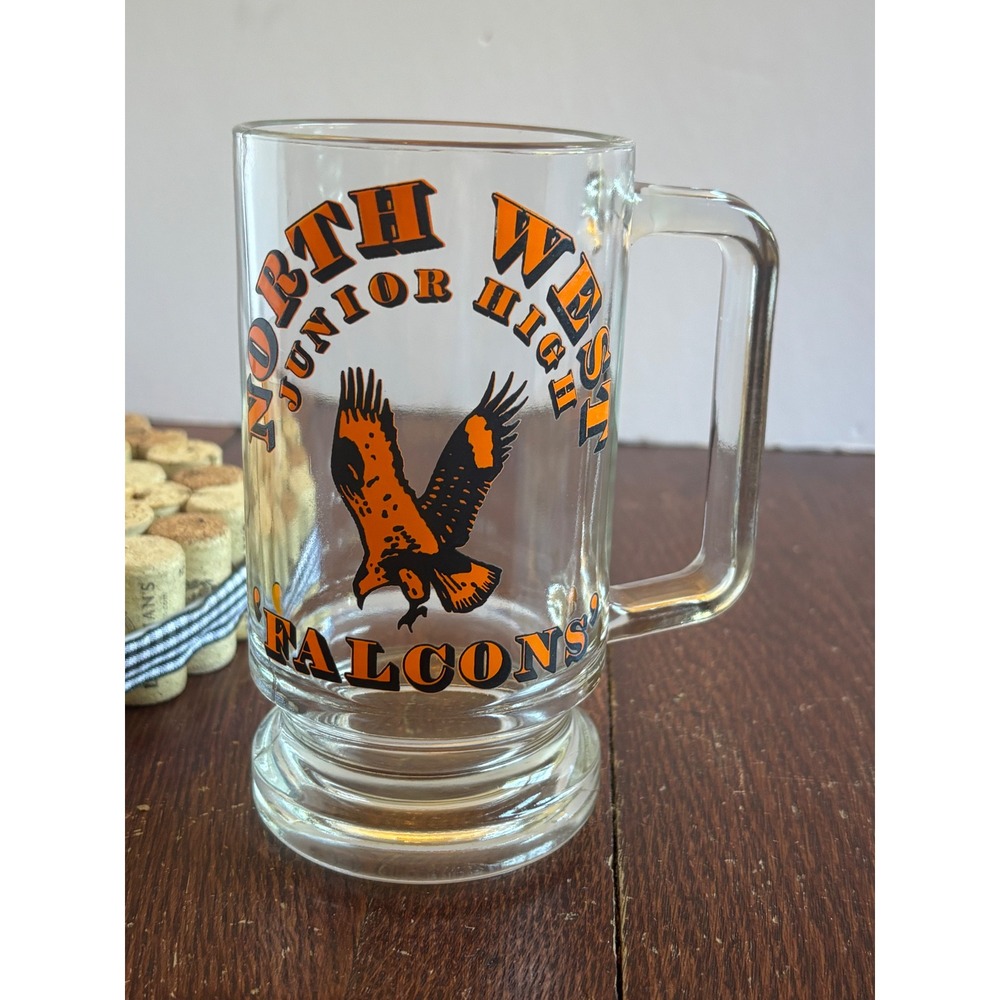 North West Junior High Falcons Glass Beer Mug Orange Black‎ Mascot Tankard 5.5in